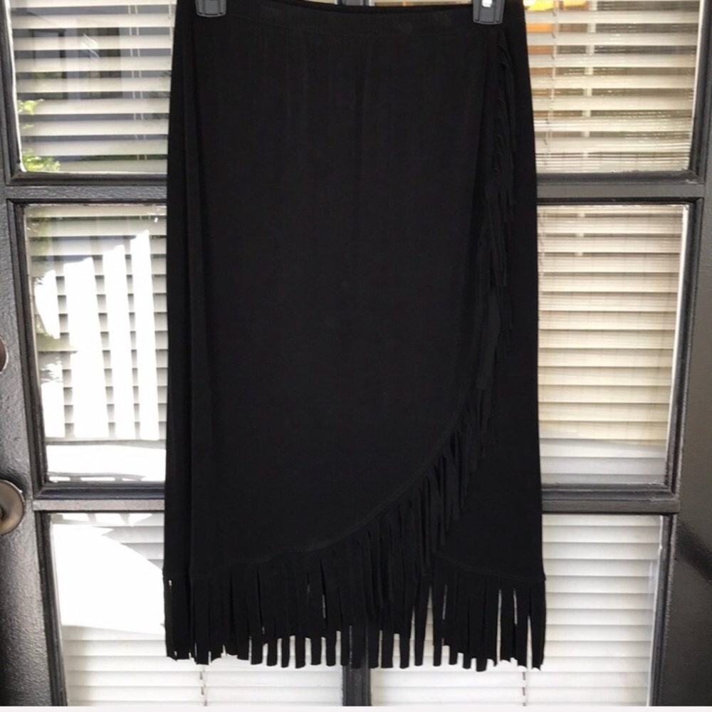 Chico’s Traveler Faux Wrap Fringed Skirt